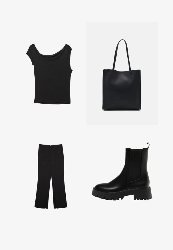 Černý krátký rukáv top vyrobený z hladké látky; má drapovaný výstřih a asymetrický lem, s přiléhavým střihem.; Černé kalhoty s rovným střihem, s předními kapsami a bočními rozparky na lemu. Vyrobené z jemné, hladké tkaniny. Vhodné na různé příležitosti.; Černé kožené kotníkové boty s texturovaným bočním panelem, kulatou špičkou a masivní podrážkou s klínovým vzorem.; Černá kožená taška přes rameno s hladkým povrchem, obdélníkovým tvarem a dvěma dlouhými uchy. Žádné viditelné kování ani ozdoby.