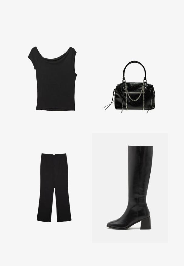 Top nero a maniche corte realizzato in tessuto liscio; presenta un colletto drappeggiato e un orlo asimmetrico, con una vestibilità aderente.; Pantaloni neri a gamba dritta, con tasche frontali e spacchi laterali all'orlo. Realizzati in tessuto morbido e liscio. Adatti a diverse occasioni.; ONLY SHOES ONLBIJOU KNEE HIGH BOOT - Stivali alti - black; Bershka WITH CHAIN - Borsa a mano - black