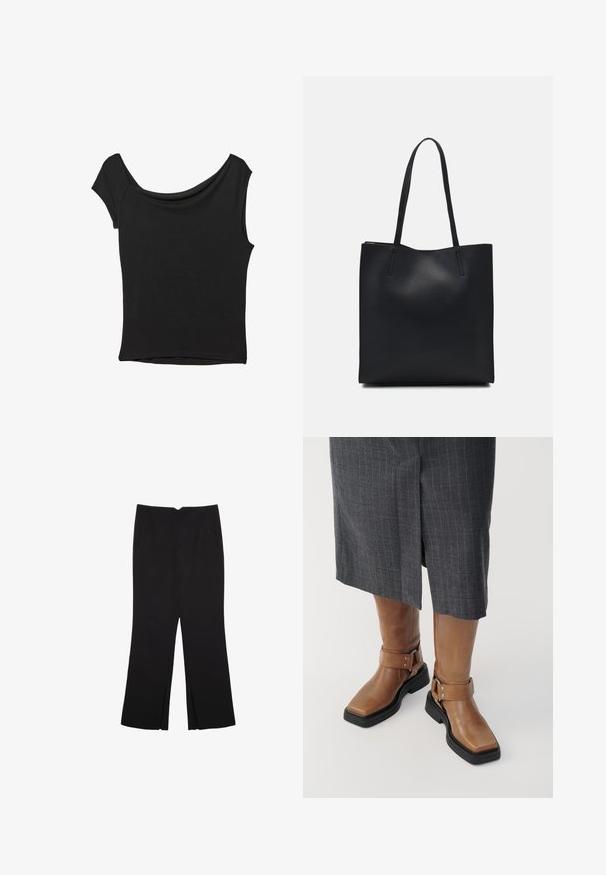 Črna kratka majica s kratkimi rokavi iz gladkega blaga; ima drapiran izrez in asimetrično spodnjo rob, s prilegnjenim telesom.; Črne hlače ravnega kroja z naglavnimi žepi in stranskimi razporki na robu. Narejene iz mehke, gladke tkanine. Primerne za različne priložnosti.; Rjave usnjene škornje do kolen s kvadratnim nosom, črnimi gumijastimi podplati in nastavljivim detajlom z zaponko. Oblečeni so z sivo krilnico s črtami.; Črna usnjena torba s svilnato teksturo, pravokotne oblike in dvema dolgima ročajema. Brez vidnih metalnih delov ali okrasnih elementov.