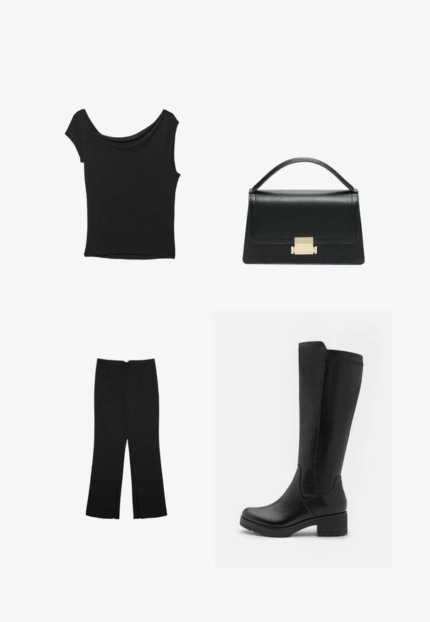 Black short-sleeve top made of smooth fabric; features a draped neckline and an asymmetrical hemline, with a fitted body.; Black trousers with a straight fit, featuring front pockets and side slits at the hem. Made of soft, smooth fabric. Suitable for various occasions.; Black knee-high boots made of smooth leather, featuring a block heel, rounded toe, and a sleek, fitted design without embellishments.; Black leather handbag with a structured design, top handle, and a gold metal clasp detail on the front. Smooth texture, minimal stitching.