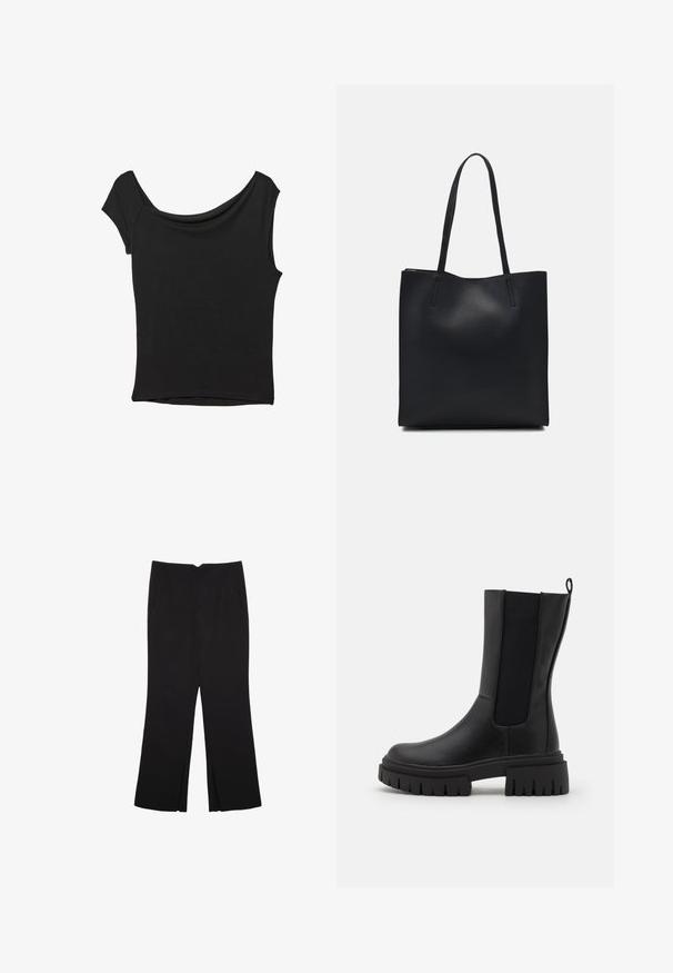 Čierny krátky rukáv top vyrobený z hladkej tkaniny; má prehnutý výstrih a asymetrický lem, s priliehavým telom.; Čierne nohavice so strihom rovného strihu, s prednými vreckami a bočnými rozparkami na leme. Vyrobené z mäkkej, hladkej tkaniny. Vhodné na rôzne príležitosti.; Čierne kožené členkové čižmy s textúrovaným povrchom, elastickými bočnými panelmi a hrubou, drsnou podrážkou pre lepšiu priľnavosť.; Čierna kožená taška na rameno s hladkým povrchom, obdĺžnikovým tvarom a dvoma dlhými uchami. Bez viditeľného kovania alebo ozdôb.