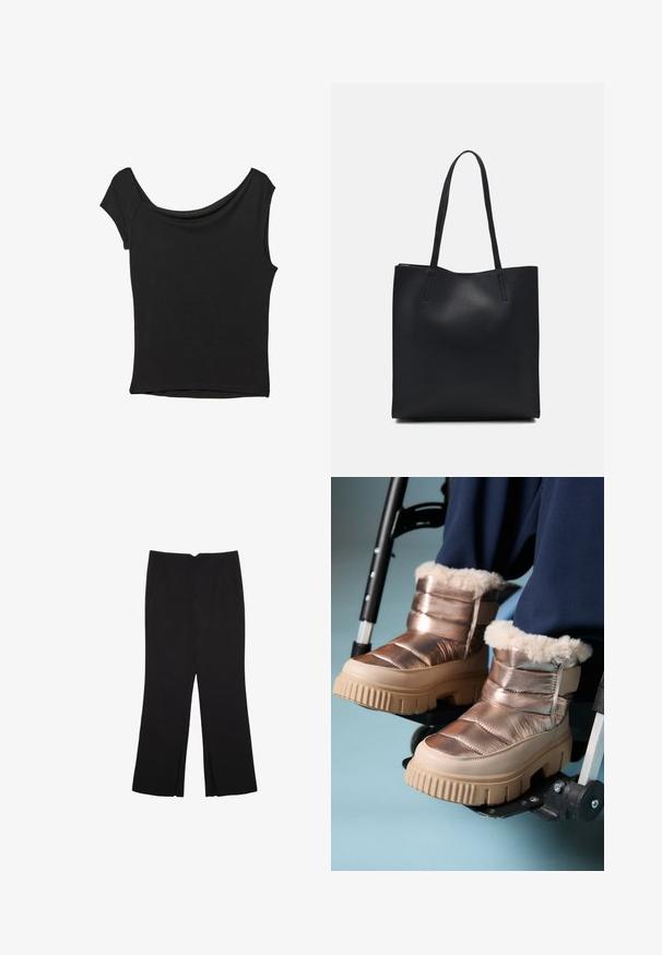 Crna majica kratkih rukava od glatkog materijala; ima drapirani izrez i asimetrični donji rub, uz prilagođeni kroj tijela.; Crne hlače ravnog kroja, s prednjim džepovima i bočnim prorezima na rubu. Izrađene od mekog i glatkog materijala. Pogodne za razne prigode.; Osoba u metalnim zimskim čizmama s krznom odmara noge na podnožju kolica protiv svijetloplave pozadine.; Crna kožna torba za nošenje s glatkom teksturom, pravokutnim oblikom i dvije duge ručke. Nema vidljivih metalnih dijelova ili ukrasa.