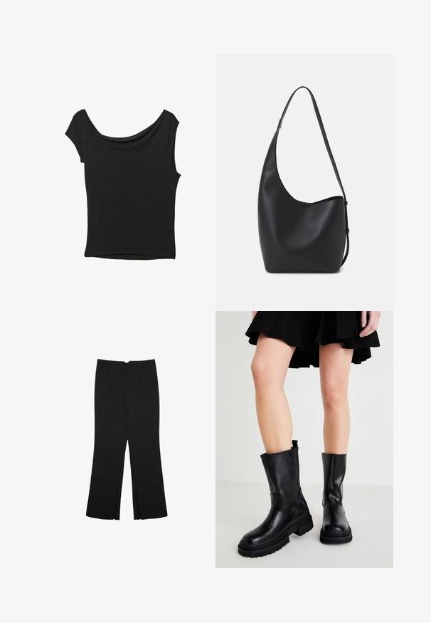 Černý krátký rukáv top vyrobený z hladké látky; má drapovaný výstřih a asymetrický lem, s přiléhavým střihem.; Černé kalhoty s rovným střihem, s předními kapsami a bočními rozparky na lemu. Vyrobené z jemné, hladké tkaniny. Vhodné na různé příležitosti.; Černé kožené kotníkové boty s robustní podešví, s hladkým povrchem, postranním švem a poutkem na vrchu pro snadné obouvání.; Černá kožená hobo taška s hladkým povrchem, zakřiveným tvarem a jedním nastavitelným popruhem; má široké otevírání nahoře.