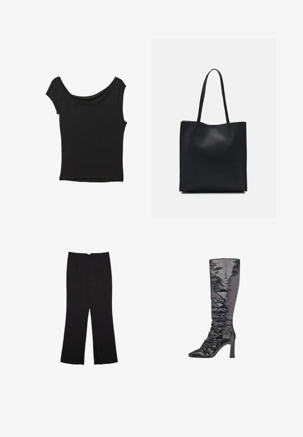 Črna kratka majica s kratkimi rokavi iz gladkega blaga; ima drapiran izrez in asimetrično spodnjo rob, s prilegnjenim telesom.; Črne hlače ravnega kroja z naglavnimi žepi in stranskimi razporki na robu. Narejene iz mehke, gladke tkanine. Primerne za različne priložnosti.; Črne čevlje z bleščicami do kolen s koničastim nosom, strukturnim petam in gubanjem po višini venca za prilegajočo silhueto.; Črna usnjena torba s svilnato teksturo, pravokotne oblike in dvema dolgima ročajema. Brez vidnih metalnih delov ali okrasnih elementov.