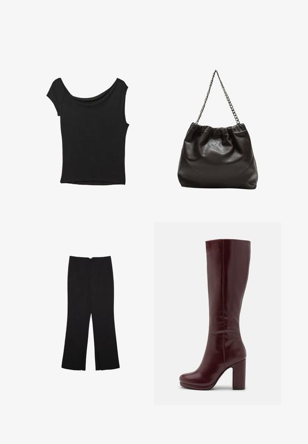 Top nero a maniche corte realizzato in tessuto liscio; presenta un colletto drappeggiato e un orlo asimmetrico, con una vestibilità aderente.; Pantaloni neri a gamba dritta, con tasche frontali e spacchi laterali all'orlo. Realizzati in tessuto morbido e liscio. Adatti a diverse occasioni.; Anna Field Stivali con i tacchi - red; Borsa in pelle marrone con parte superiore arricciata e tracolla a catena. Texture liscia con finitura lucida e dettagli di cucitura sottili sui lati.