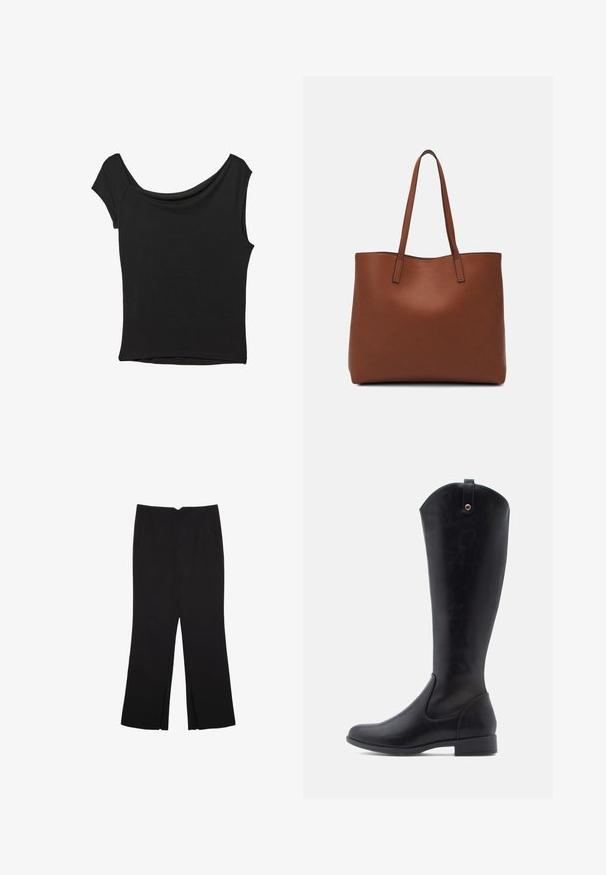 Čierny krátky rukáv top vyrobený z hladkej tkaniny; má prehnutý výstrih a asymetrický lem, s priliehavým telom.; Čierne nohavice so strihom rovného strihu, s prednými vreckami a bočnými rozparkami na leme. Vyrobené z mäkkej, hladkej tkaniny. Vhodné na rôzne príležitosti.; Čierne kožené čižmy po kolená s hladkým povrchom, okrúhlou špičkou, nízkym blokovým podpätkom a zakriveným horným okrajom s detailom slučky na zadnej strane.; Hnedá kožená taška na rameno s hladkou textúrou, otvoreným vrchom a dvoma ramenými popruhmi. Má minimálne šitia a žiadne viditeľné kovania.