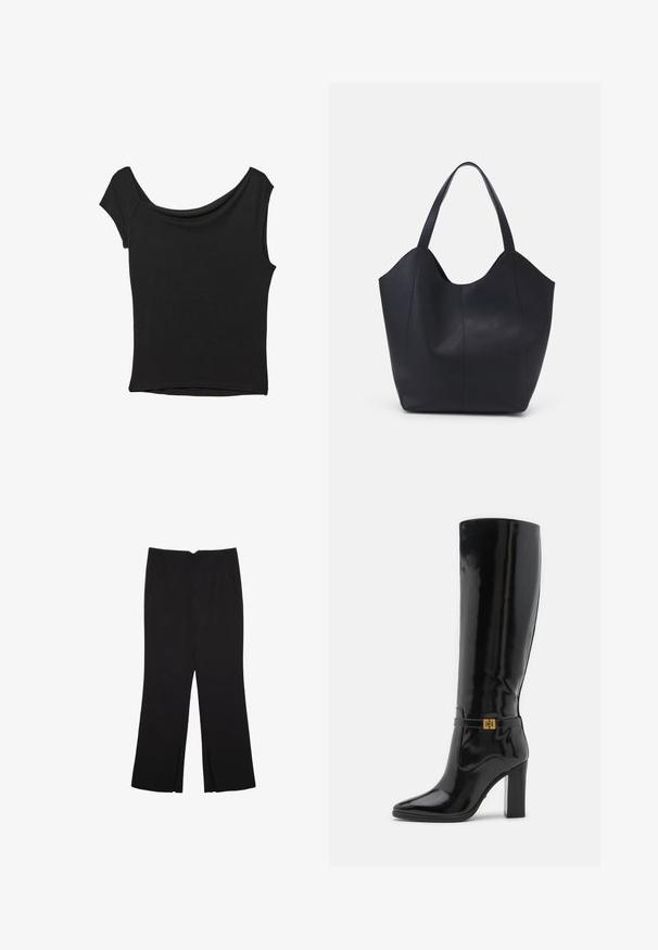 Černý krátký rukáv top vyrobený z hladké látky; má drapovaný výstřih a asymetrický lem, s přiléhavým střihem.; Černé kalhoty s rovným střihem, s předními kapsami a bočními rozparky na lemu. Vyrobené z jemné, hladké tkaniny. Vhodné na různé příležitosti.; Černé lakované kozačky do výšky po kolena s špičatou špičkou, zlatými kovovými doplňky a silným podpatkem. Hladký, lesklý povrch s minimálními detaily.; Černá taška přes rameno vyrobená z hladké kůže, s zakřiveným, otevřeným vrchem a dvěma ramenními popruhy, s minimalistickým designem.