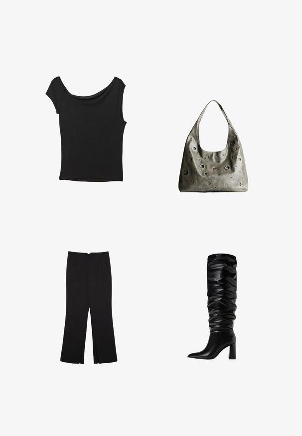 Črna kratka majica s kratkimi rokavi iz gladkega blaga; ima drapiran izrez in asimetrično spodnjo rob, s prilegnjenim telesom.; Črne hlače ravnega kroja z naglavnimi žepi in stranskimi razporki na robu. Narejene iz mehke, gladke tkanine. Primerne za različne priložnosti.; Črne usnjene škornje do kolen z neurejenim dizajnom, špicastim nosom in debelim blokastim petam, ki imajo gladko, sijočo teksturo.; Olivnozeleni usnjeni ročni torbici z ohlapno obliko, ki ima različne velikosti okroglih izrezov in poudarke v temnejših in svetlejših odtenkih.