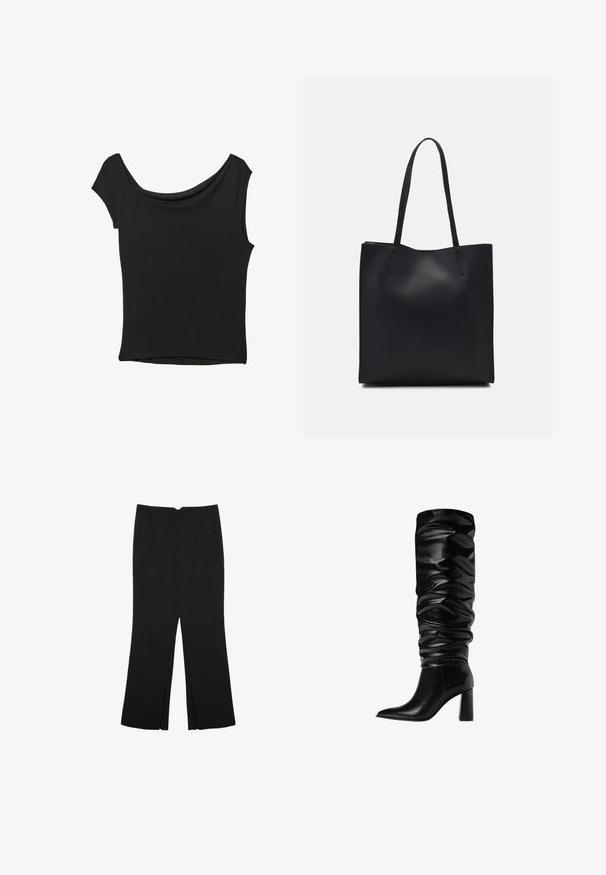 Haut noir à manches courtes en tissu lisse ; il présente un col drapé et un ourlet asymétrique, avec un corps ajusté.; Pantalon noir avec une coupe droite, doté de poches avant et d'éclairs sur l'ourlet. Fabriqué en tissu doux et lisse. Convient à diverses occasions.; Bottes en cuir noir arrivant au genou, au design décontracté, à bout pointu et à talon carré imposant, présentant une texture lisse et brillante.; Sac fourre-tout en cuir noir avec une texture lisse, de forme rectangulaire et deux longues poignées. Pas de matériel ou d'ornementations visibles.