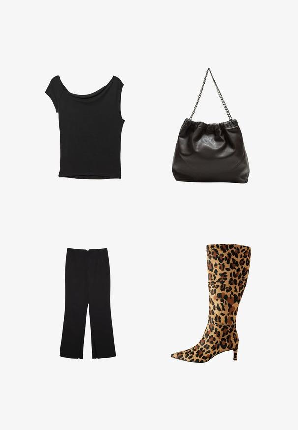Top nero a maniche corte realizzato in tessuto liscio; presenta un colletto drappeggiato e un orlo asimmetrico, con una vestibilità aderente.; Pantaloni neri a gamba dritta, con tasche frontali e spacchi laterali all'orlo. Realizzati in tessuto morbido e liscio. Adatti a diverse occasioni.; Stivale a ginocchio in stampa leopardo realizzato in materiale morbido, con punta appuntita e tacco basso, caratterizzato da un audace motivo a macchie nere e marroni.; Borsa in pelle marrone con parte superiore arricciata e tracolla a catena. Texture liscia con finitura lucida e dettagli di cucitura sottili sui lati.