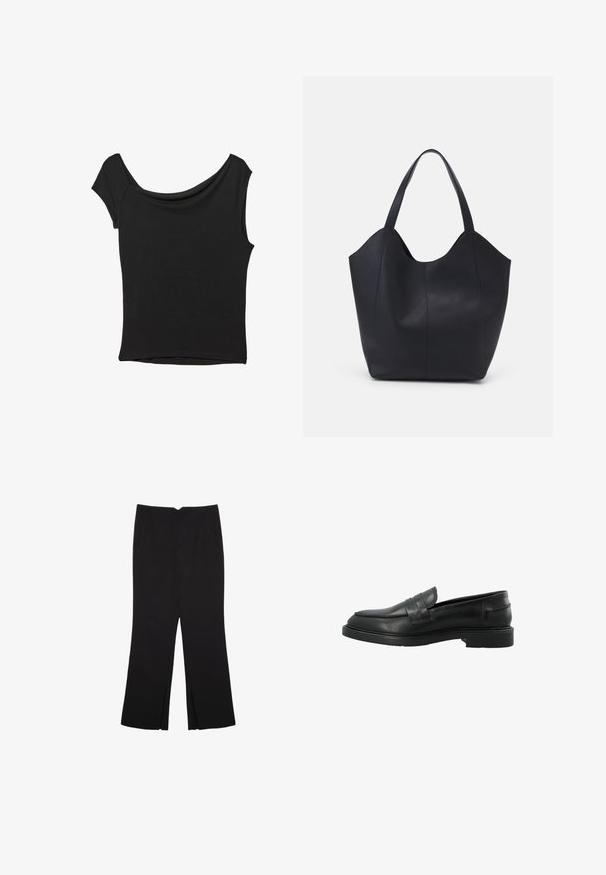 Schwarzes Kurzarmoberteil aus glattem Stoff; hat einen drapierten Ausschnitt und einen asymmetrischen Saum, mit einem figurbetonten Körper.; Schwarze Hose mit geradem Schnitt, ausgestattet mit Fronttaschen und Seitenschlitzen am Saum. Hergestellt aus weichem, glattem Stoff. Geeignet für verschiedene Anlässe.; Schwarze Lederloafer mit einer abgerundeten Schuhspitze, vorderer Streifendetail und flacher Gummisohle. Glatte Textur mit minimalen Nähakzenten.; Schwarze Tote-Bag aus glattem Leder, mit einem abgerundeten, offenen Oberteil, zwei Schulterträgern und einem minimalistischen Design.