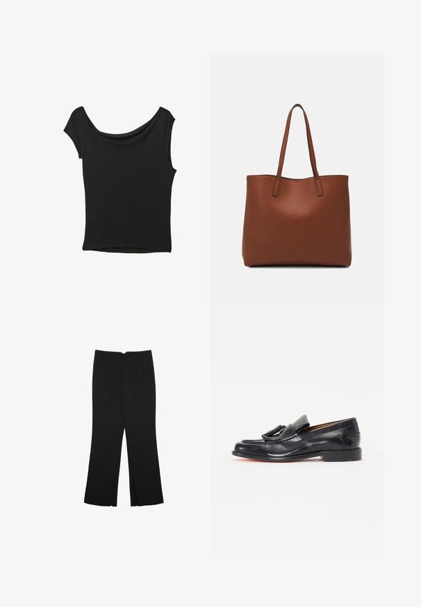 Sort kortærmet top lavet af glat stof; har en draperet halsudskæring og en asymmetrisk kant, med en tætsiddende pasform.; Sorte bukser med lige pasform, der har frontlommer og slidser i kanten. Lavet af blødt, glat stof. Velegnet til forskellige anledninger.; Sorte læder loafers med rund tå, der har en dekorativ kvast, syet detaljer og en lav stablet hæl.; Brun læder tote taske med en glat overflade, åben topdesign og to skulderremme. Har minimal syning og ingen synlig hardware.