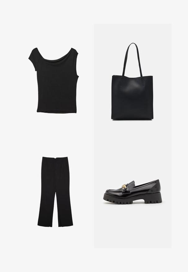 Schwarzes Kurzarmoberteil aus glattem Stoff; hat einen drapierten Ausschnitt und einen asymmetrischen Saum, mit einem figurbetonten Körper.; Schwarze Hose mit geradem Schnitt, ausgestattet mit Fronttaschen und Seitenschlitzen am Saum. Hergestellt aus weichem, glattem Stoff. Geeignet für verschiedene Anlässe.; Schwarze Lackleder-Latschen mit einer dicken, gezackten schwarzen Sohle und einem goldenen Hardware-Akzent an der Vorderseite. Glatte Textur, klassisches Design.; Schwarze Laptoptasche aus Leder mit glatter Textur, rechteckiger Form und zwei langen Griffen. Keine sichtbaren Beschläge oder Verzierungen.