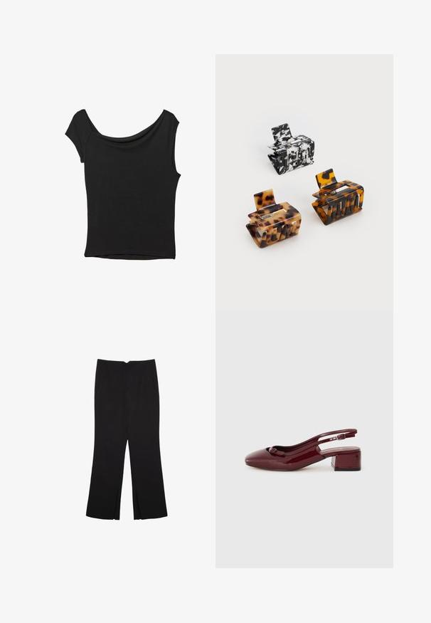 Črna kratka majica s kratkimi rokavi iz gladkega blaga; ima drapiran izrez in asimetrično spodnjo rob, s prilegnjenim telesom.; Črne hlače ravnega kroja z naglavnimi žepi in stranskimi razporki na robu. Narejene iz mehke, gladke tkanine. Primerne za različne priložnosti.; Burgundska lakirana sandal z kvadratnim nosom, majhnim blokastim petam in dekorativnim lokom na sprednjem traku.; Tri do konice za lase: ena marmorirana v črni in beli barvi, dve iz školjkastega v rjavih in črnih odtenkih, vse narejeno iz sijoče plastike z teksturiranim zaključkom.