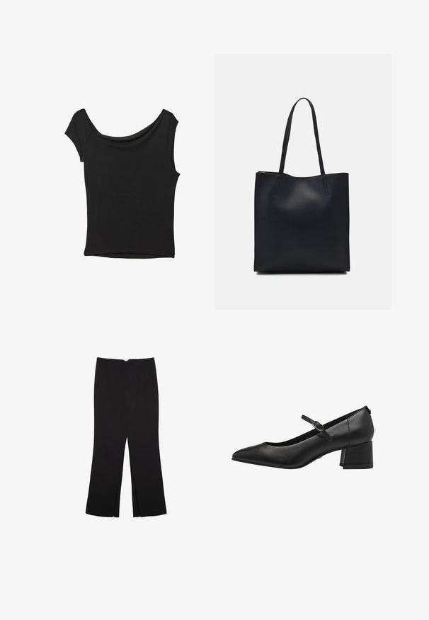 Černý krátký rukáv top vyrobený z hladké látky; má drapovaný výstřih a asymetrický lem, s přiléhavým střihem.; Černé kalhoty s rovným střihem, s předními kapsami a bočními rozparky na lemu. Vyrobené z jemné, hladké tkaniny. Vhodné na různé příležitosti.; Černé kožené nízké jehly s špičatou špičkou, kotníkovým páskem a strukturovaným povrchem. Jednoduchý design se stabilním blokovým podpatkem.; Černá kožená taška přes rameno s hladkým povrchem, obdélníkovým tvarem a dvěma dlouhými uchy. Žádné viditelné kování ani ozdoby.