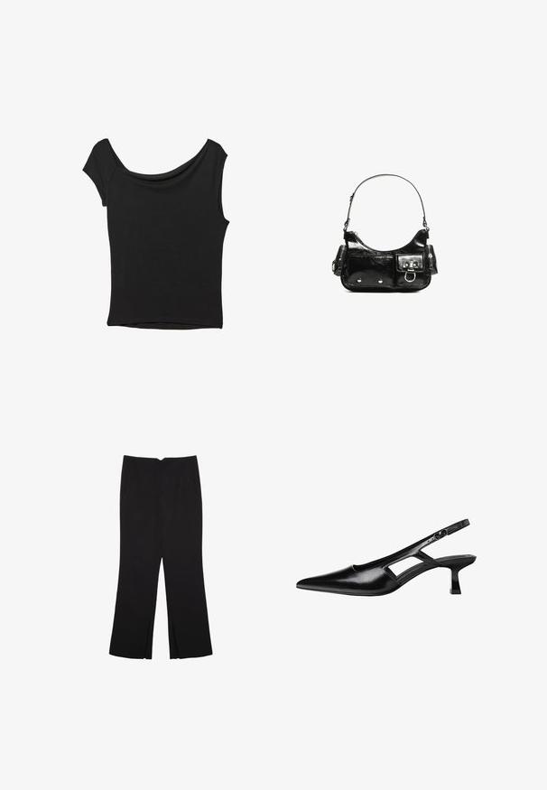 Zwart korte mouwen top gemaakt van een gladde stof; met een gedrapeerde halslijn en een asymmetrische zoom, met een getailleerd lijfje.; Zwarte broek met een rechte pasvorm, voorzien van zijzakken en plooien aan de onderzijde. Gemaakt van zachte, gladde stof. Geschikt voor verschillende gelegenheden.; Zwarte gepatineerde leren slingback-schoen met een spitse neus, uitsnijdingsdetail en een korte blokhak. Gladde textuur en minimale accenten.; Zwarte laarzen in lakleer met een gebogen vorm, één schouderband, voorvakken en accenten in zilverkleurig metaal.