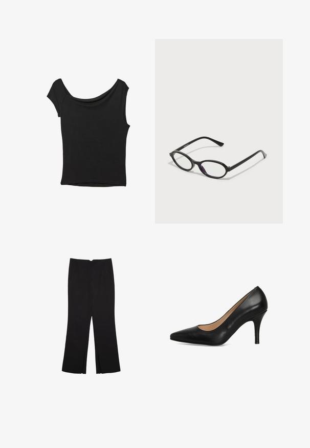 Sort kortærmet top lavet af glat stof; har en draperet halsudskæring og en asymmetrisk kant, med en tætsiddende pasform.; Sorte bukser med lige pasform, der har frontlommer og slidser i kanten. Lavet af blødt, glat stof. Velegnet til forskellige anledninger.; Sorte læder høje hæle med spids tå, glat tekstur og en slank silhuet. Hælen er cirka 7,5 cm høj.; Sorte ovale briller med gennemskinnelige lilla accenter på linserne. Rammen har en mat finish og slanke, lige stænger.; Sort læderhåndtaske med en buet form, aftagelig rem og guldfinish. Tasken har en klap med en spænde detalje.