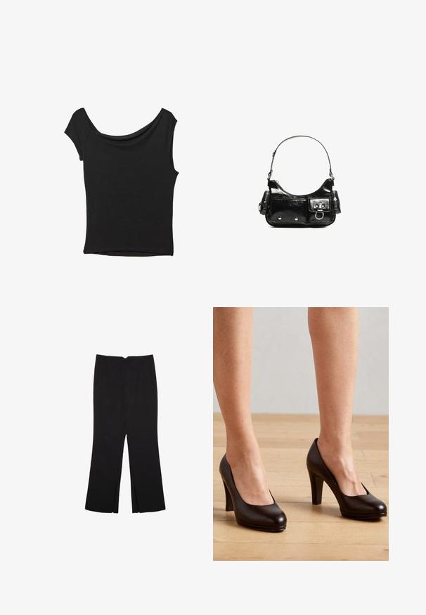 Črna kratka majica s kratkimi rokavi iz gladkega blaga; ima drapiran izrez in asimetrično spodnjo rob, s prilegnjenim telesom.; Črne hlače ravnega kroja z naglavnimi žepi in stranskimi razporki na robu. Narejene iz mehke, gladke tkanine. Primerne za različne priložnosti.; Marco Tozzi Klasične pete - black; Črna lakasta usnjena torbica s ukrivljeno obliko, enim ramenskim trakom, sprednjimi žepi in srebrnimi kovinskimi dodatki.
