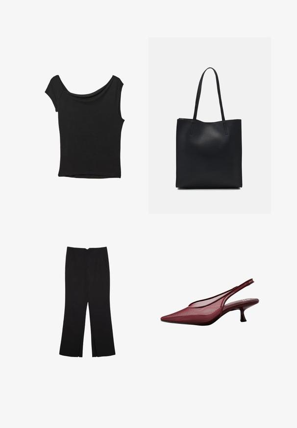 Czarna bluzka z krótkim rękawem, wykonana z gładkiego materiału; posiada dekolt w stylu drapowanym oraz asymetryczny dół, z dopasowanym krojem.; Czarne spodnie o prostym kroju, z przednimi kieszeniami i bocznymi rozcięciami na dole. Wykonane z miękkiego, gładkiego materiału. Odpowiednie na różne okazje.; Burgundowe sandały na obcasie z odkrytą piętą, z wąskim czubkiem i siateczkowym wierzchem. Posiadają smukły obcas oraz wycięcia, co zapewnia elegancki zarys.; Czarna skórzana torba tote o gładkiej fakturze, prostokątnym kształcie i dwóch długich uchwytach. Brak widocznych elementów metalowych i ozdób.