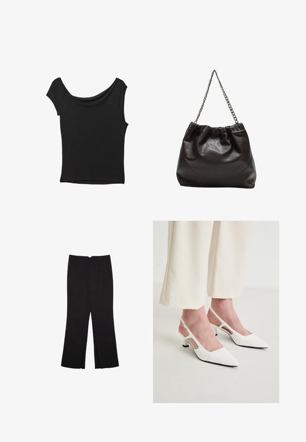 Sort kortærmet top lavet af glat stof; har en draperet halsudskæring og en asymmetrisk kant, med en tætsiddende pasform.; Sorte bukser med lige pasform, der har frontlommer og slidser i kanten. Lavet af blødt, glat stof. Velegnet til forskellige anledninger.; Hvide spidse slingback hæle med en lav blokhæl. Har udskårne sidelapper og en justerbar ankelrem for en sikker pasform.; Brun lædertaske med en rynket top og en kædestrop. Glat tekstur med en blank finish og subtile sømdetaljer på siderne.