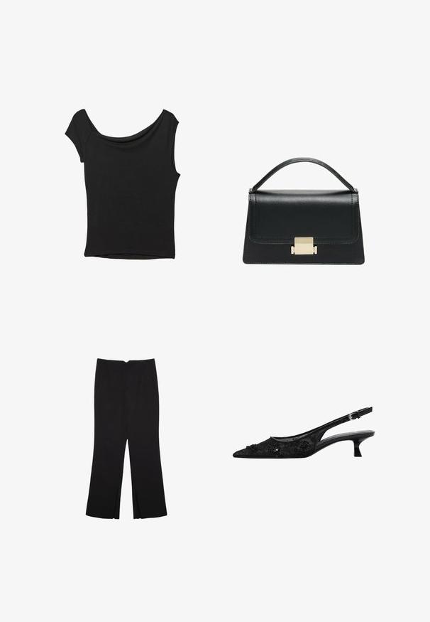 Črna kratka majica s kratkimi rokavi iz gladkega blaga; ima drapiran izrez in asimetrično spodnjo rob, s prilegnjenim telesom.; Črne hlače ravnega kroja z naglavnimi žepi in stranskimi razporki na robu. Narejene iz mehke, gladke tkanine. Primerne za različne priložnosti.; Črne slingback visokotlačne čevlje s koničastim prstom, zgornjim delom iz čipkaste mreže, okrasnimi cvetličnimi biseri in ozkim, nagnjenim peto.; Črna usnjena torbica z strukturiranim dizajnom, zgornjim ročajem in zlate kovinske sponke na sprednji strani. Gladka tekstura, minimalno šivanje.