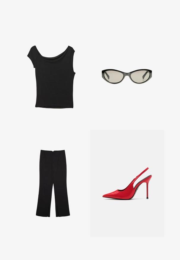 Czarna bluzka z krótkim rękawem, wykonana z gładkiego materiału; posiada dekolt w stylu drapowanym oraz asymetryczny dół, z dopasowanym krojem.; Czarne spodnie o prostym kroju, z przednimi kieszeniami i bocznymi rozcięciami na dole. Wykonane z miękkiego, gładkiego materiału. Odpowiednie na różne okazje.; ALDO PUCKERUP czerwony; Czarne okulary przeciwsłoneczne w kształcie kociego oka z szarymi, przyciemnionymi soczewkami. Plastikowa oprawka charakteryzuje się ostrymi krawędziami i gładkim, błyszczącym wykończeniem.