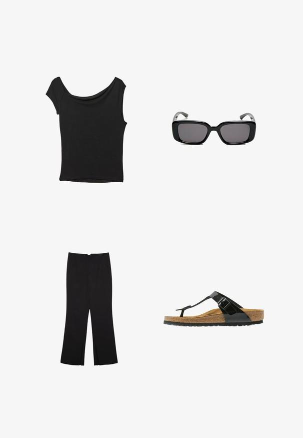 Top nero a maniche corte realizzato in tessuto liscio; presenta un colletto drappeggiato e un orlo asimmetrico, con una vestibilità aderente.; Pantaloni neri a gamba dritta, con tasche frontali e spacchi laterali all'orlo. Realizzati in tessuto morbido e liscio. Adatti a diverse occasioni.; Sandalo infradito in vernice nera con fibbia regolabile, suola in sughero e suola in gomma. Presenta un design elegante con una suola testurizzata.; Occhiali da sole neri rettangolari con lenti scure, montatura in plastica liscia e tempie curve. Il design è voluminoso con un'estetica minimalista.