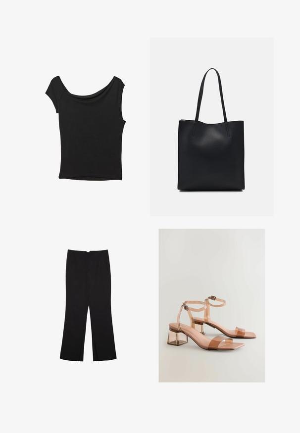 Czarna bluzka z krótkim rękawem, wykonana z gładkiego materiału; posiada dekolt w stylu drapowanym oraz asymetryczny dół, z dopasowanym krojem.; Czarne spodnie o prostym kroju, z przednimi kieszeniami i bocznymi rozcięciami na dole. Wykonane z miękkiego, gładkiego materiału. Odpowiednie na różne okazje.; Przezroczyste sandały na blokowym obcasie z cielistymi paskami, kwadratowymi czubkami i regulowanymi zapięciami na kostce; gładka tekstura i błyszczące wykończenie.; Czarna skórzana torba tote o gładkiej fakturze, prostokątnym kształcie i dwóch długich uchwytach. Brak widocznych elementów metalowych i ozdób.