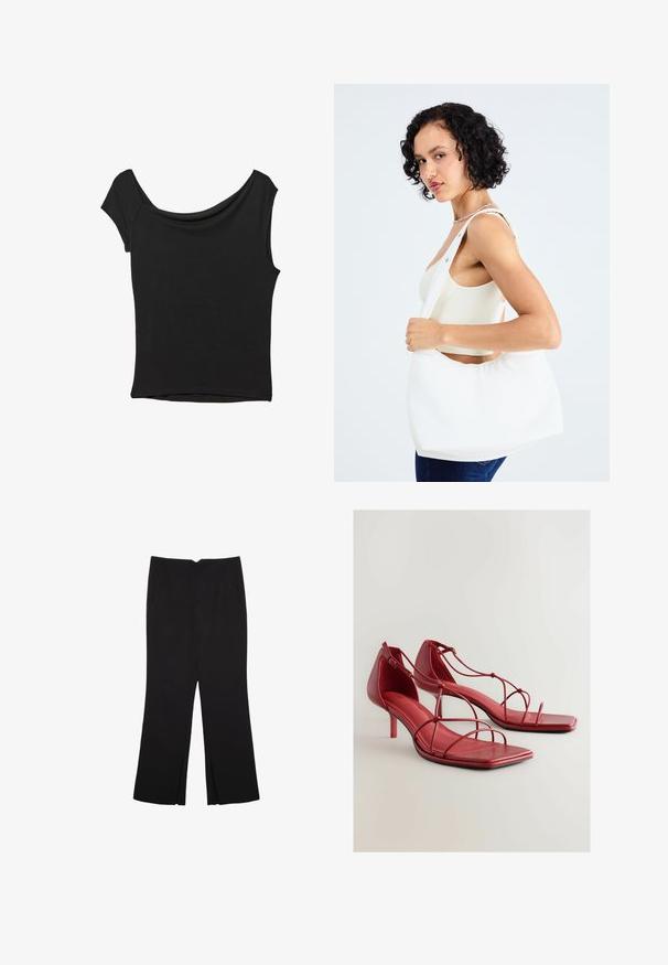 Črna kratka majica s kratkimi rokavi iz gladkega blaga; ima drapiran izrez in asimetrično spodnjo rob, s prilegnjenim telesom.; Črne hlače ravnega kroja z naglavnimi žepi in stranskimi razporki na robu. Narejene iz mehke, gladke tkanine. Primerne za različne priložnosti.; Rdeče usnjene visoke sandale s kvadratnimi prsti, več tankimi trakovi čez stopalo in nastavljivim zaponko okoli gležnja. Teksturirana notranjost.; Bela torba za ramena, izdelana iz gladkega materiala, z ovalnim izrezom in širokim trakom. Preprosta in sodobna, brez vidnih kovinskih delov.