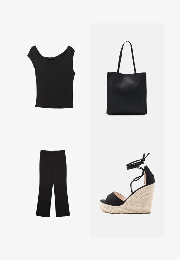 Haut noir à manches courtes en tissu lisse ; il présente un col drapé et un ourlet asymétrique, avec un corps ajusté.; Pantalon noir avec une coupe droite, doté de poches avant et d'éclairs sur l'ourlet. Fabriqué en tissu doux et lisse. Convient à diverses occasions.; Sandales à talons compensés en suède noir avec une plateforme en jute tissé, dotées de brides croisées à la cheville et d'un design à bout ouvert.; Sac fourre-tout en cuir noir avec une texture lisse, de forme rectangulaire et deux longues poignées. Pas de matériel ou d'ornementations visibles.