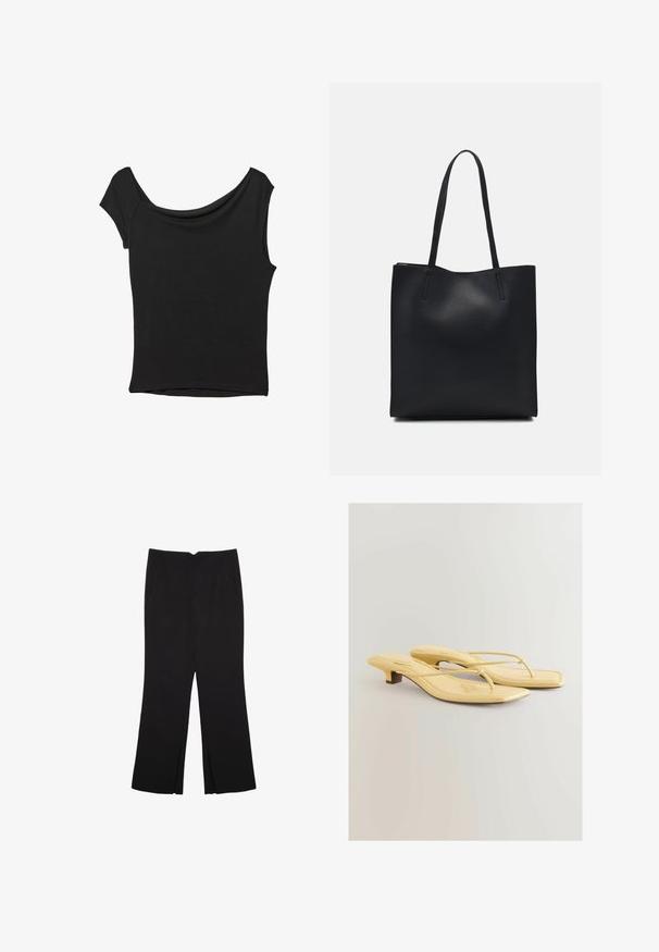 Sort kortærmet top lavet af glat stof; har en draperet halsudskæring og en asymmetrisk kant, med en tætsiddende pasform.; Sorte bukser med lige pasform, der har frontlommer og slidser i kanten. Lavet af blødt, glat stof. Velegnet til forskellige anledninger.; Gule lakerede hælede flip-flops med spids tå, tynde stropper og en lille blokhæl. Overfladen er glat med syningsdetaljer.; Sort læder tote taske med glat tekstur, rektangulær form og to lange hanke. Ingen synlig hardware eller udsmykninger.
