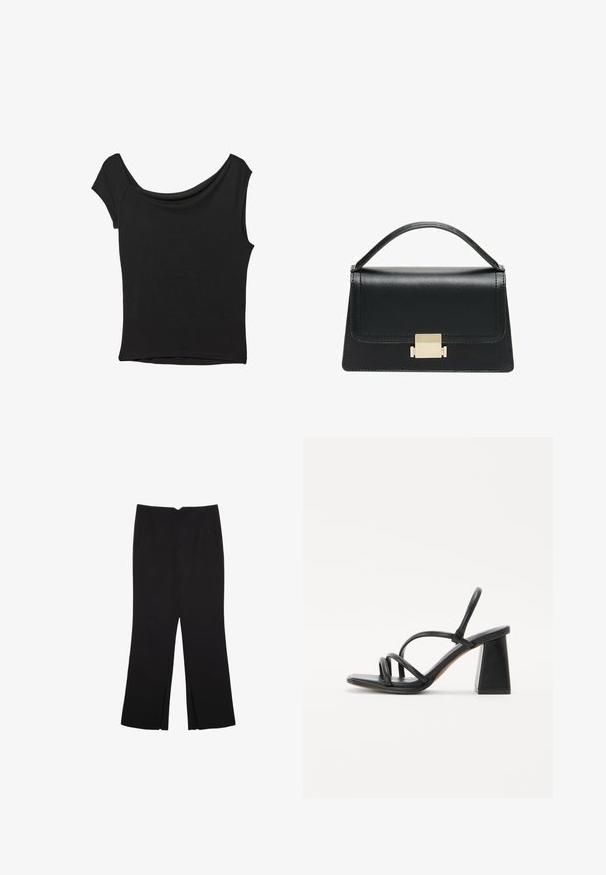 Črna kratka majica s kratkimi rokavi iz gladkega blaga; ima drapiran izrez in asimetrično spodnjo rob, s prilegnjenim telesom.; Črne hlače ravnega kroja z naglavnimi žepi in stranskimi razporki na robu. Narejene iz mehke, gladke tkanine. Primerne za različne priložnosti.; Črne sandale s peto v obliki kvadrata, s široko peto in več tanjšimi trakovi čez stopalo ter odprtim dizajnom hrbta. Gladka usnjena tekstura.; Črna usnjena torbica z strukturiranim dizajnom, zgornjim ročajem in zlate kovinske sponke na sprednji strani. Gladka tekstura, minimalno šivanje.