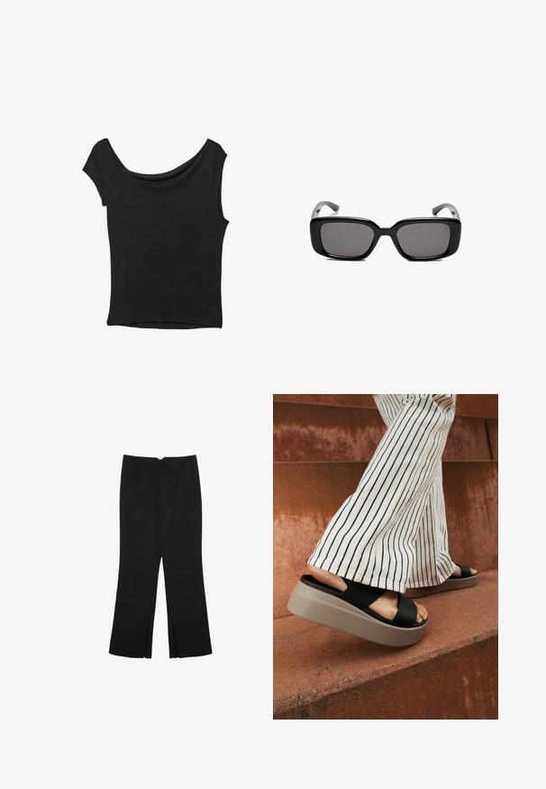 Sort kortærmet top lavet af glat stof; har en draperet halsudskæring og en asymmetrisk kant, med en tætsiddende pasform.; Sorte bukser med lige pasform, der har frontlommer og slidser i kanten. Lavet af blødt, glat stof. Velegnet til forskellige anledninger.; Sorte slidesandaler med en bred krydssnor, der har en tyk beige platformssål, parret med cremede stribede flared bukser på en rødlig overflade.; Sorte rektangulære solbriller med mørke linser, glat plastikramme og buede stænger. Designet er klodset med en minimalistisk æstetik.