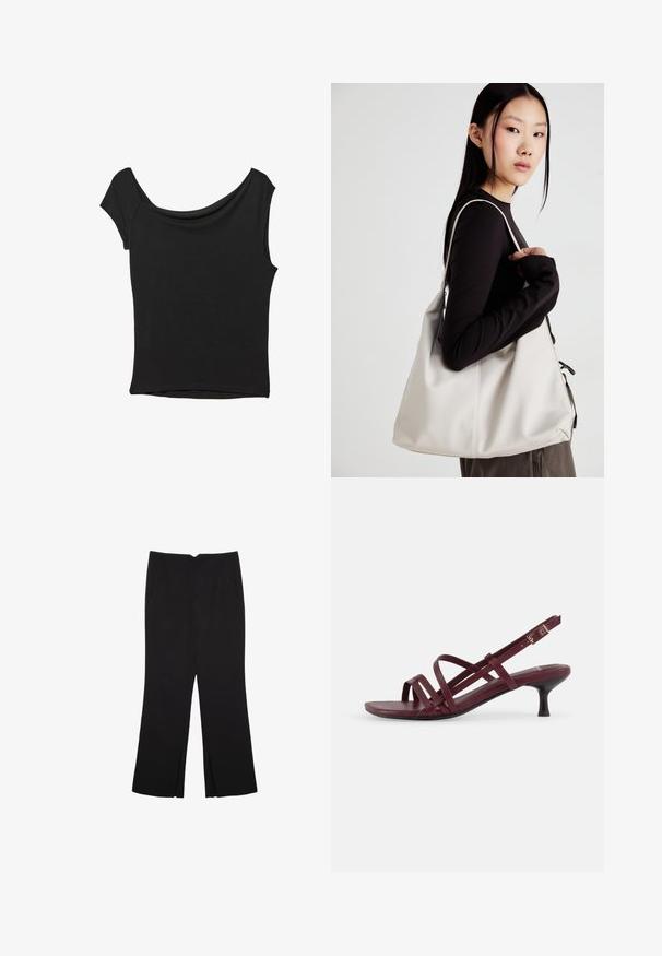 Musta lyhythihainen paita, joka on valmistettu sileästä kankaasta; siinä on laskeutuva kaula-aukko ja epäsymmetrinen helma, sekä istuva malli.; Mustat housut suoralinjaisella leikkauksella, joissa on etutaskut ja sivurei'ät helman alla. Valmistettu pehmeästä ja sileästä kankaasta. Sopii eri tilaisuuksiin.; Burgundy nahka sandaali, jossa on useita ristiin meneviä hihnoja, siro nilkkahihna ja pieni, kapeneva korko. Tasainen pinta.; Beige laukku, joka on valmistettu pehmeästä materiaalista, ja siinä on rento muotoilu, ommeltu yksityiskohtia ja kaksi olkahihnaa. Sopii päivittäiseen käyttöön.