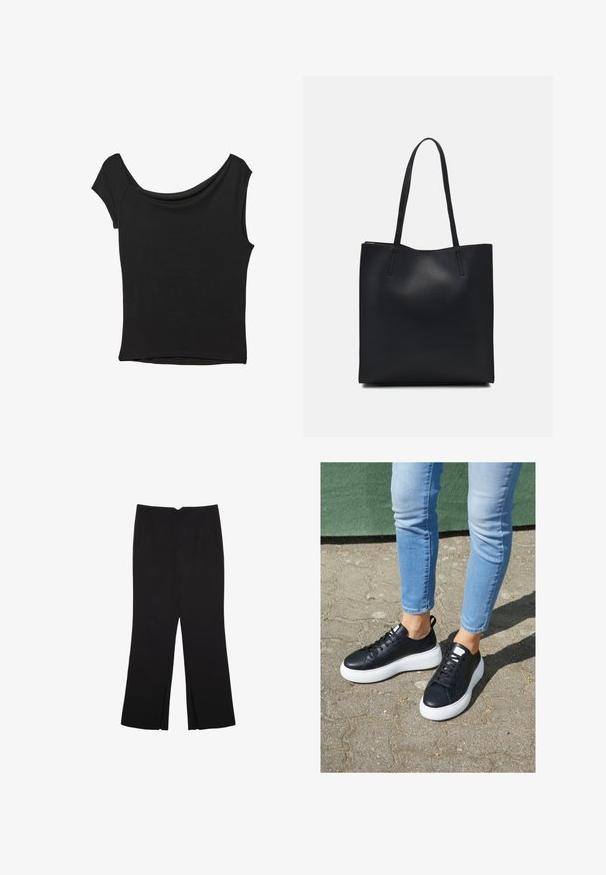 Crna majica kratkih rukava od glatkog materijala; ima drapirani izrez i asimetrični donji rub, uz prilagođeni kroj tijela.; Crne hlače ravnog kroja, s prednjim džepovima i bočnim prorezima na rubu. Izrađene od mekog i glatkog materijala. Pogodne za razne prigode.; Crne kožne tenisice s bijelim gumenenim potplatima, s glatkom završnom obradom, zaobljenim vrhom i ravnim vezicama. Nosite ih s svijetloplavim trapericama.; Crna kožna torba za nošenje s glatkom teksturom, pravokutnim oblikom i dvije duge ručke. Nema vidljivih metalnih dijelova ili ukrasa.