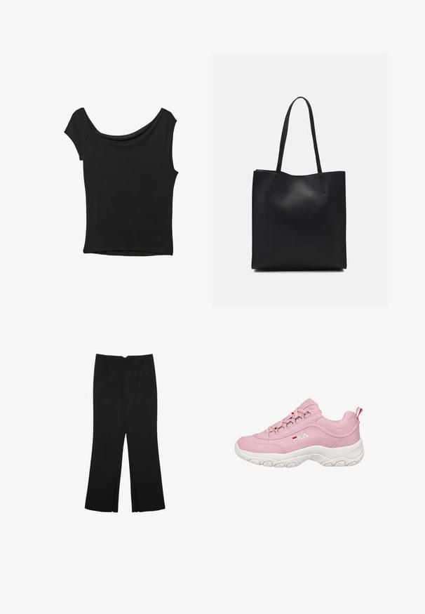 Čierny krátky rukáv top vyrobený z hladkej tkaniny; má prehnutý výstrih a asymetrický lem, s priliehavým telom.; Čierne nohavice so strihom rovného strihu, s prednými vreckami a bočnými rozparkami na leme. Vyrobené z mäkkej, hladkej tkaniny. Vhodné na rôzne príležitosti.; Ružová teniska s hladkým syntetickým zvrškom, bielou gumovou podrážkou, šnurovací konštrukciou a logom FILA na boku. Má úchytku na päte.; Čierna kožená taška na rameno s hladkým povrchom, obdĺžnikovým tvarom a dvoma dlhými uchami. Bez viditeľného kovania alebo ozdôb.