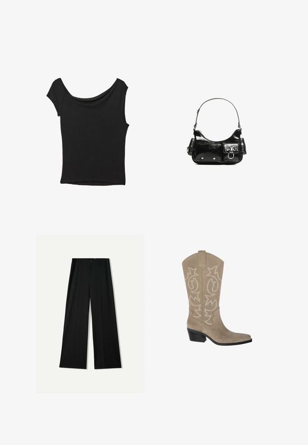 Černý krátký rukáv top vyrobený z hladké látky; má drapovaný výstřih a asymetrický lem, s přiléhavým střihem.; Bershka WIDE - Kalhoty - black; PULL&BEAR Kovbojské/motorkářské kozačky - taupe; Černá lakovaná kožená kabelka s křivkovým tvarem, jedním ramenním popruhem, předními kapsami a stříbrnými kovovými detaily.