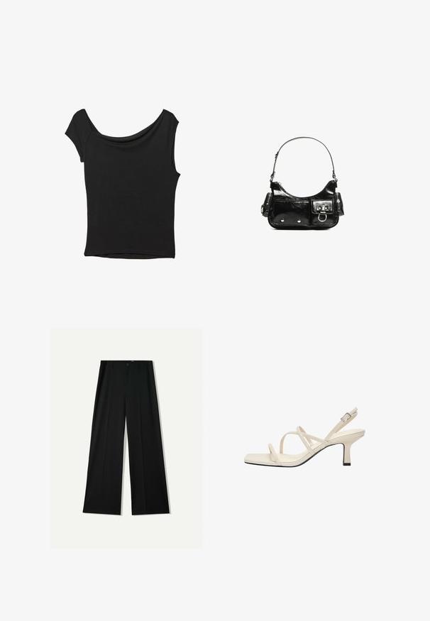 Crna majica kratkih rukava od glatkog materijala; ima drapirani izrez i asimetrični donji rub, uz prilagođeni kroj tijela.; Bershka WIDE - Hlače - black; Bež sandale na remenčiće s kvadratnim vrhom, koje imaju tanke remenčiće i nisku blok petu. Glatki materijal s kontrastnim crnim obrubom.; Crna patentna kožna torba s zakrivljenim oblikom, jednim remenom za rame, prednjim džepovima i akcentima od srebrnog tona.