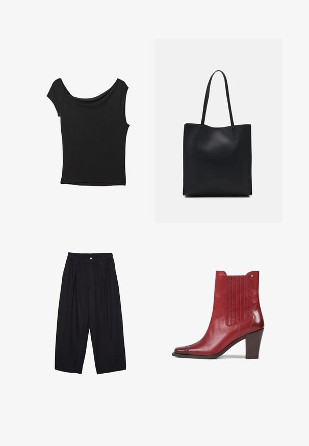 Čierny krátky rukáv top vyrobený z hladkej tkaniny; má prehnutý výstrih a asymetrický lem, s priliehavým telom.; Čierne polyesterové culotte nohavice s elastickým pásom, dvoma prednými záhybmi a voľným strihom. Žiadne viditeľné vzory ani detaily z kovu.; Červená kožená členková topánka s špicatou špičkou, vertikálnym prešívaním na stranách a blokovým podpätkom. Hladký povrch s lesklým povrchom.; Čierna kožená taška na rameno s hladkým povrchom, obdĺžnikovým tvarom a dvoma dlhými uchami. Bez viditeľného kovania alebo ozdôb.