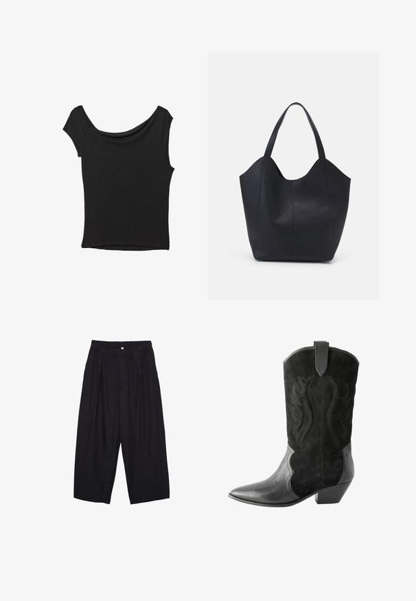 Čierny krátky rukáv top vyrobený z hladkej tkaniny; má prehnutý výstrih a asymetrický lem, s priliehavým telom.; Čierne polyesterové culotte nohavice s elastickým pásom, dvoma prednými záhybmi a voľným strihom. Žiadne viditeľné vzory ani detaily z kovu.; Next Kovbojská/motorkárska členková čižma - black; Čierna taška s dlhým uchom vyrobená z hladkej kože, s oblým otvoreným vrchom a dvoma ramennými popruhmi, minimalistického dizajnu.