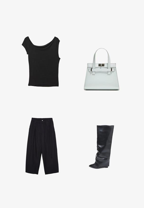 Črna kratka majica s kratkimi rokavi iz gladkega blaga; ima drapiran izrez in asimetrično spodnjo rob, s prilegnjenim telesom.; Črne poliesterske culotte hlače z elastičnim pasom, dvema sprednjima nabiranjema in ohlapnim krojem. Brez vidnih vzorcev ali kovinskih detajlov.; Bata Škornji s polno peto - nero; Svetlo modra torbica z oblikovano zasnovo, dvema ročkama in kljuko iz srebrno-toniranega materiala. Teksturni material in ostri koti.