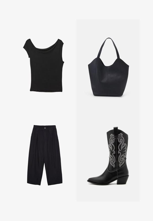 Černý krátký rukáv top vyrobený z hladké látky; má drapovaný výstřih a asymetrický lem, s přiléhavým střihem.; Černé polyesterové culotte kalhoty s elastickým pasem, dvěma předními sklady a volným siluetou. Žádné viditelné vzory ani kovové detaily.; Černé kožené kovbojské boty s špičatou špičkou, výškou do poloviny lýtek, s jemným stříbrným vyšíváním a s vrstvovým podpatkem.; Černá taška přes rameno vyrobená z hladké kůže, s zakřiveným, otevřeným vrchem a dvěma ramenními popruhy, s minimalistickým designem.