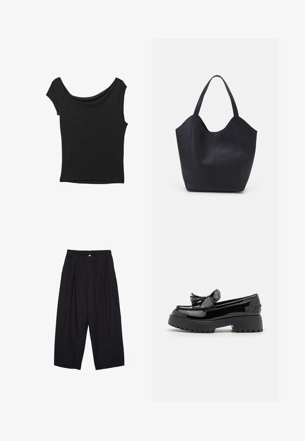 Black short-sleeve top made of smooth fabric; features a draped neckline and an asymmetrical hemline, with a fitted body.; Black polyester culotte pants with an elastic waistband, two front pleats, and a loose silhouette. No visible patterns or hardware details.; Black patent leather loafers with a chunky sole, featuring a decorative fringe and woven detailing on the upper. Smooth texture throughout.; Black tote bag made of smooth leather, featuring a curved, open top with two shoulder straps and a minimalist design.