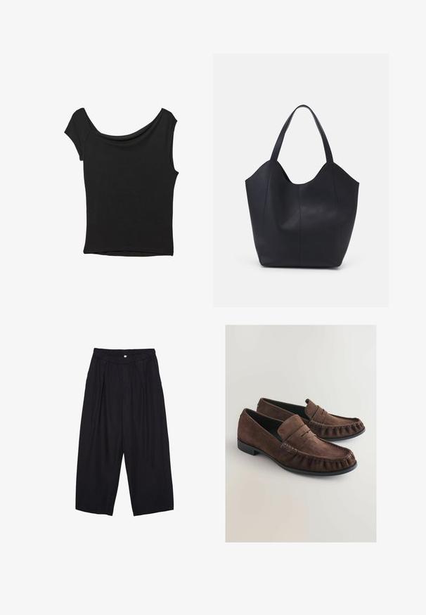 Top nero a maniche corte realizzato in tessuto liscio; presenta un colletto drappeggiato e un orlo asimmetrico, con una vestibilità aderente.; Pantaloni culotte neri in poliestere con una cintura elastica, due pieghe frontali e una silhouette ampia. Nessun motivo visibile o dettagli in metallo.; Mocassini in suede marrone con una texture morbida, cuciture in stile mocassino e punta arrotondata. Suola in gomma nera e dettaglio in pelle ripiegata.; Borsa tote nera realizzata in pelle liscia, con una parte superiore curva e aperta, dotata di due manici per spalla e un design minimalista.