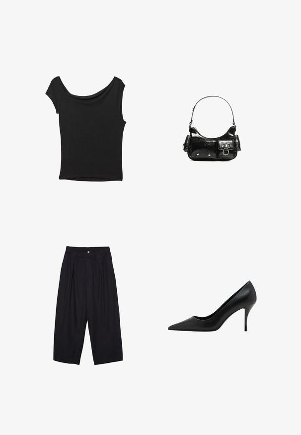 Čierny krátky rukáv top vyrobený z hladkej tkaniny; má prehnutý výstrih a asymetrický lem, s priliehavým telom.; Čierne polyesterové culotte nohavice s elastickým pásom, dvoma prednými záhybmi a voľným strihom. Žiadne viditeľné vzory ani detaily z kovu.; Čierne kožené topánky na vysokom opätku s špicatou špičkou, hladkou textúrou a štíhlym stiletto opätkom, s minimalistickým dizajnom.; Čierna laková kožená kabelka s ohnutým tvarom, jedným ramenným popruhom, prednými vreckami a striebornými kovovými doplnkami.