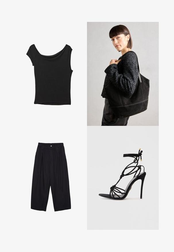 Schwarzes Kurzarmoberteil aus glattem Stoff; hat einen drapierten Ausschnitt und einen asymmetrischen Saum, mit einem figurbetonten Körper.; Schwarze Polyester-Culotte mit einem elastischen Bund, zwei vorderen Falten und einer lockeren Silhouette. Keine sichtbaren Muster oder Hardware-Details.; Schwarze Stiletto-Sandale mit geknotetem Riemendesign, offener Spitze und schmalem Absatz. Glatte Textur mit goldfarbenen Akzenten an den Riemen.; Schwarze Wildleder-Tote-Tasche mit glatter Textur, strukturiertem Design und kontrastierenden Nähten. Verfügt über lange Träger zum Tragen über der Schulter.