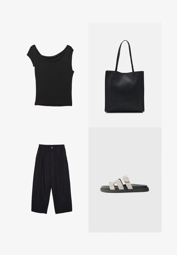 Čierny krátky rukáv top vyrobený z hladkej tkaniny; má prehnutý výstrih a asymetrický lem, s priliehavým telom.; Čierne polyesterové culotte nohavice s elastickým pásom, dvoma prednými záhybmi a voľným strihom. Žiadne viditeľné vzory ani detaily z kovu.; Čierne šlapky so špicatou podrážkou a dvoma vertikálnymi pásmi ozdobenými striebornými kamienkami, plochý dizajn, gumená textúra a jemný dezén.; Čierna kožená taška na rameno s hladkým povrchom, obdĺžnikovým tvarom a dvoma dlhými uchami. Bez viditeľného kovania alebo ozdôb.