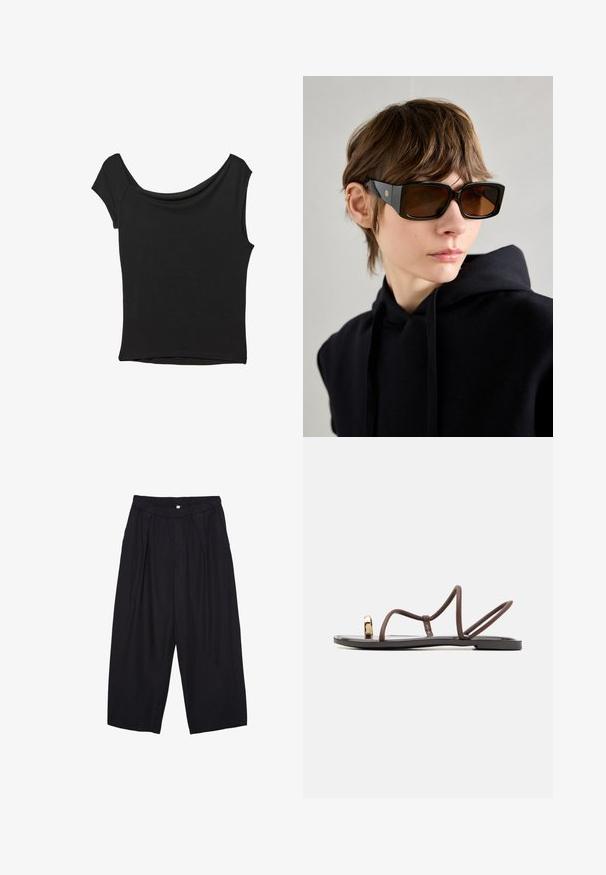Top nero a maniche corte realizzato in tessuto liscio; presenta un colletto drappeggiato e un orlo asimmetrico, con una vestibilità aderente.; Pantaloni culotte neri in poliestere con una cintura elastica, due pieghe frontali e una silhouette ampia. Nessun motivo visibile o dettagli in metallo.; Sandali piatti marrone con più cinturini sottili, un anello per le dita e un accento color oro. La suola è piatta e ha una finitura liscia.; Occhiali da sole neri oversize con finitura lucida, forma rettangolare, lenti marroni e dettagli del logo dorato sulle astine.; Sciarpa blu intrecciata con estremità frangiate, texture liscia, forma rettangolare e colore uniforme su tutta la superficie. Adatta per il freddo.