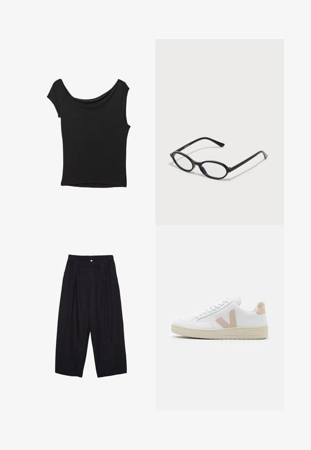 Schwarzes Kurzarmoberteil aus glattem Stoff; hat einen drapierten Ausschnitt und einen asymmetrischen Saum, mit einem figurbetonten Körper.; Schwarze Polyester-Culotte mit einem elastischen Bund, zwei vorderen Falten und einer lockeren Silhouette. Keine sichtbaren Muster oder Hardware-Details.; Weiße Sneaker mit beigen Wildlederakzenten, runder Zehenpartie und weißen Schnürsenkeln. Texturiertes Gummilaufsohle und Logodetail an der Ferse.; Schwarze Brille mit ovalem Rahmen und durchscheinenden lila Akzenten auf den Gläsern. Der Rahmen hat eine matte Oberfläche und schlanke, gerade Bügel.