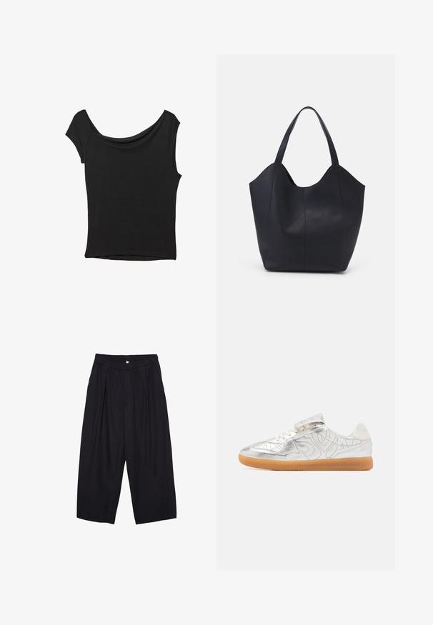 Musta lyhythihainen paita, joka on valmistettu sileästä kankaasta; siinä on laskeutuva kaula-aukko ja epäsymmetrinen helma, sekä istuva malli.; Musta polyesterinen culotte-housut, jossa on joustava vyötärö, kaksi etupleettiä ja löysä siluetti. Ei näkyviä kuvioita tai metallisia yksityiskohtia.; Metallinen hopea lenkkari, jossa on sileä pinta, teksturoituja yksityiskohtia ja kumipohja. Varusteena nauhat ja tarranauha sulkemista varten.; Mustat kangaskassit, jotka on valmistettu sileästä nahasta, jossa on kaareva, avoin yläosa, kaksi olkahihnaa ja minimalistinen muotoilu.